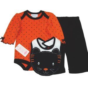 Halloween Black Cat Outfit 3 pc Top Bottom Baby Girls Bodysuit Pants Bib Costume